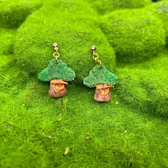 Mushroom Tree Polymer Clay Hypoallergenic Silver Tone Handmade Dangle Earrings - Picture 3 of 10